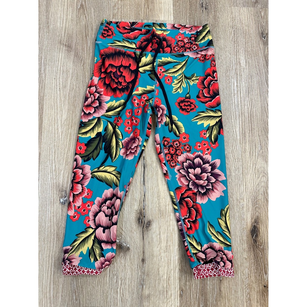The Upside‎ Womens Floral Print Cropped Leggings Teal Red Drawstring Size M